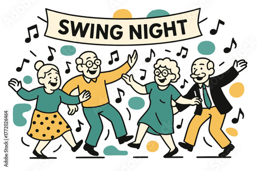 Swing Night Dance. Old age ? Community dance night. Quick footwork and big smiles; music notes scatter like confetti around swinging arms. A banner shouts