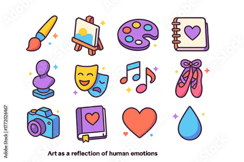Colorful Emotions Icons Set. Art as a reflection of human emotions. Colorful isometric vector icons set of art as a reflection of human emotions: paintbrush,