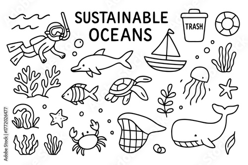 Sustainable Ocean Icons. Sustainable Oceans. Hand-drawn doodle illustration Sustainable Oceans coral reef, fish, dolphin, turtle, whale, crab, starfish,