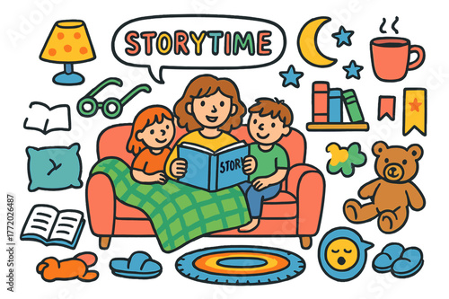 Cozy Storytime Scene. Storytime on the sofa. Colorful Hand-drawn doodle Children illustration Storytime on the sofa open book, blanket, pillows, lamp, glasses,