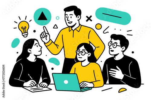 Creative Team Collaboration. Team Leaders Guiding Teams in Creative Projects. Leader giving feedback to team with floating abstract geometric shapes and