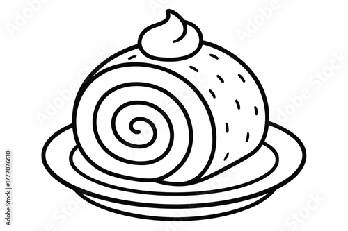 Roll Cake Coloring Page. Roll cake slice children?s coloring book illustration, outlined drawing, a fluffy rolled sponge with spiral cream inside on a small