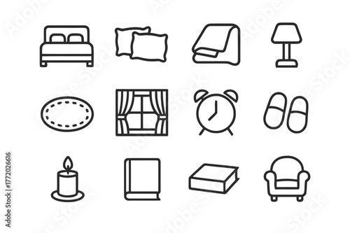Bedroom Comfort Icons. Bedroom Comfort. Line icon set of Bedroom Comfort: bed, pillows, blanket, bedside lamp, rug, curtain, window, alarm clock, slippers,