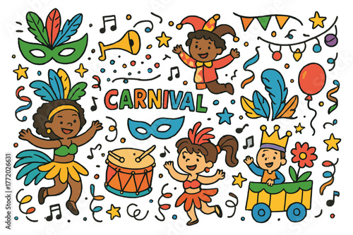 Carnival Extravaganza. Carnival celebration. Colorful Hand-drawn doodle Children illustration Carnival celebration masks, feathers, trumpets, costumes, parade