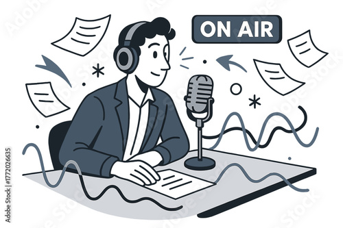 Radio Host Vibes. Radio news anchor. A poised host leans into a vintage mic as the ?ON AIR? sign glows; waveform ribbons pulse across the desk. Headphones