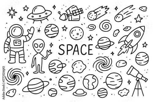 Space Doodle Collection. Space. Hand-drawn doodle illustration Space stars, planets, rockets, astronauts, aliens, galaxies, nebulas, comets, meteors, black