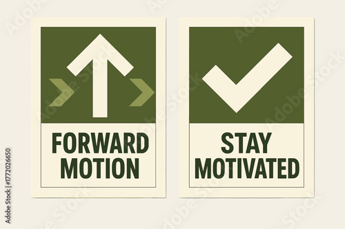 Motivational Banners. Forward motion. Two vertical A6 banners with safe margins, centered composition, no elements touching edges, geometric, olive green and