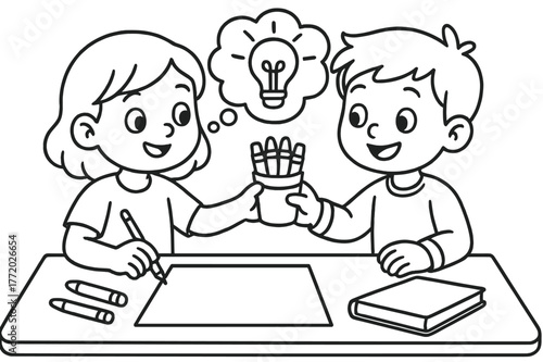 Friends Sharing Ideas. collaboration children?s coloring book illustration, outlined drawing, two friends sharing ideas and materials, educational design for