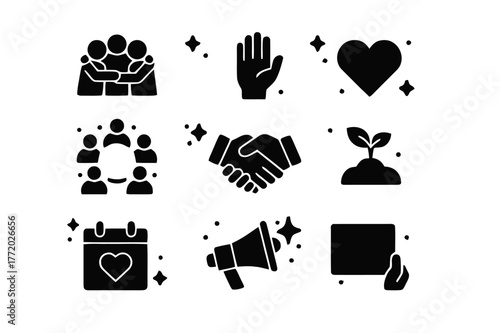 Community Care Icons. Community Care. Solid icons set of Community Care: group hug, volunteer hand, donation box, heart icon, people circle, handshake, plant