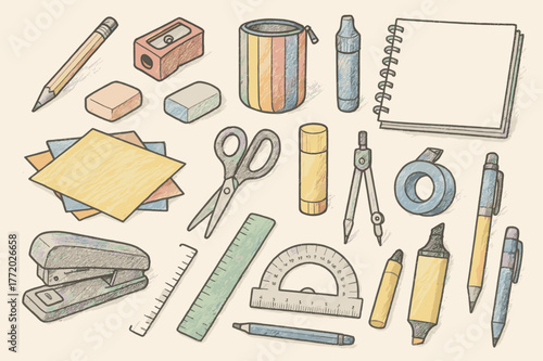 Art Supplies Doodle. Pencil. Hand-drawn doodle illustration Pencil, colored sharpener, eraser, colored pencil case, sketchbook, accented marker, colored paper,