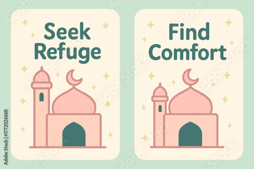 Seek Refuge, Find Comfort. Refuge in Him. Two vertical A6 banners with safe margins, centered composition, no elements touching edges, cartoon, pastel mint and