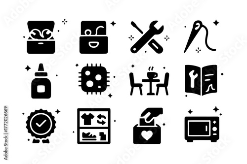 Repair Icon Collection. Repair and reuse. Solid icons set of repair and reuse: repair toolkit, spare parts drawer, screwdriver and wrench, stitching needle,