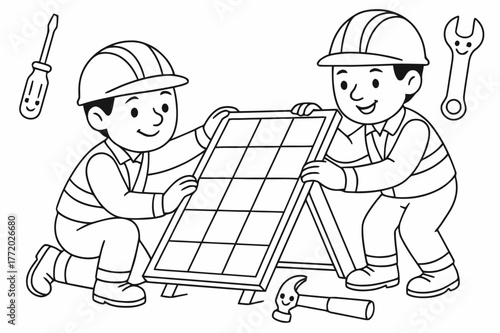Solar Panel Installation Fun. Installing solar panels safely children?s coloring book illustration, outlined drawing, two workers wearing helmets securing a