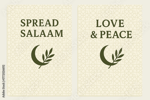 Spread Salaam Banners. Peace (Salaam). Two vertical A6 banners with safe margins, centered composition, no elements touching edges, geometric, olive green and