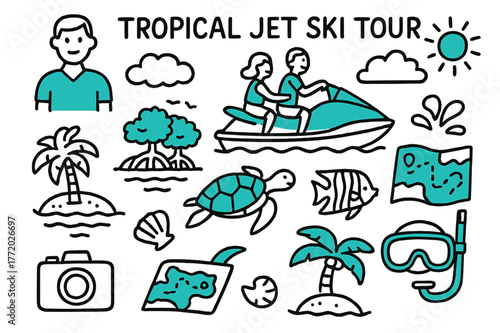 Tropical Jet Ski Adventure. // Tropical jet ski tour. Hand-drawn doodle illustration Tropical jet ski tour [tour guide icon (accented), jet ski pair