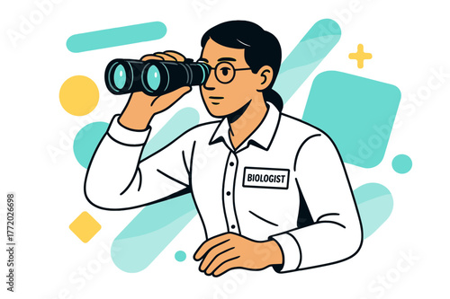 Geometric Wildlife Observation. Wildlife Tracking. Biologist using binoculars to observe wildlife with floating abstract geometric shapes and soft light