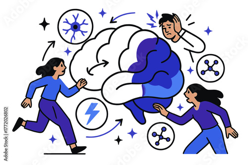 Brain Disorders Illustration. Brain disorders and conditions. Abstract illustration of brain disorders showing affected regions with floating neural icons,