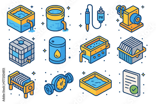 Industrial Wastewater Icons. Industrial wastewater control. Colorful isometric vector icons set of Industrial wastewater control: equalization tank,