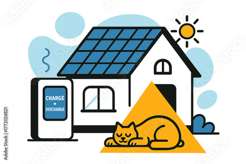 Solar-Powered Cozy Home. Home Battery & Solar Roof. A cozy house wears neat PV shingles; a wall battery glows with ?Charge ? Discharge.? A pet naps under a