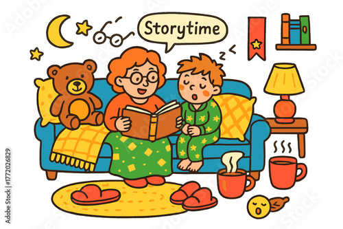 Cozy Storytime Doodles. Storytime on the sofa. Colorful Hand-drawn doodle Children illustration Storytime on the sofa open book, blanket, pillows, lamp,