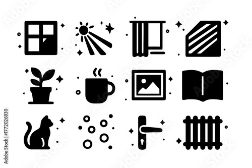 Window Light Icons. Window Light. Solid icons set of Window Light: window frame, sunbeam, sheer curtain, shadow stripes, windowsill plant, coffee mug, picture