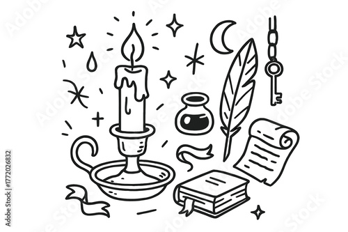 Vintage Candle Holder Doodle. Vintage candle holder. Hand-drawn doodle illustration Vintage candle holder candle, brass holder, tray, wax drip, feather, quill,