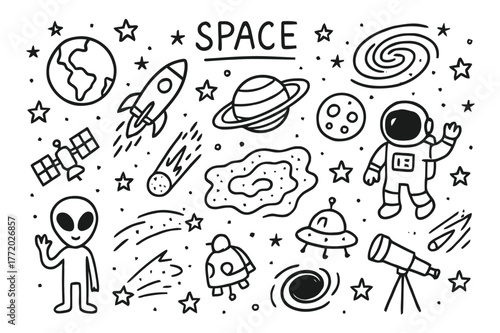Space Doodle Collection. Space. Hand-drawn doodle illustration Space stars, planets, rockets, astronauts, aliens, galaxies, nebulas, comets, meteors, black