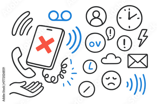 Missed Call Doodle. // Missed call. Hand-drawn doodle illustration missed call [phone with red X (accented), ringing icon (accented), voicemail bubble, contact