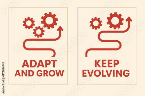 Adapt and Grow Banners. Adapt and grow. Two vertical A6 banners with safe margins, centered composition, no elements touching edges, flat vector design, red