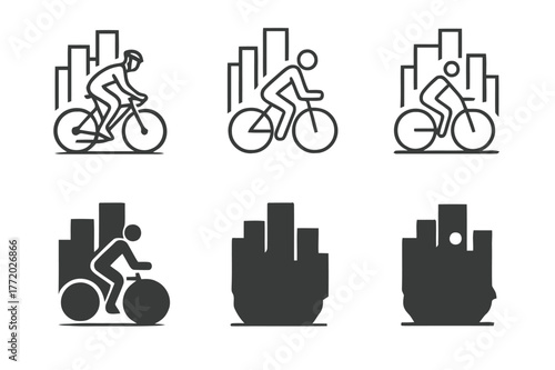 Urban Cycling Logos. Urban cycling. Set Logo of Urban cycling: city skyline behind rider. harmonious logo variations of the same emblematic concept, each with