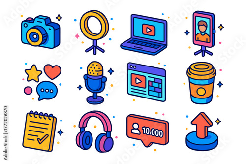Blogger Icon Set. Famous blogger. Colorful isometric vector icons set of famous blogger: camera, ring light, laptop, smartphone tripod, microphone, social