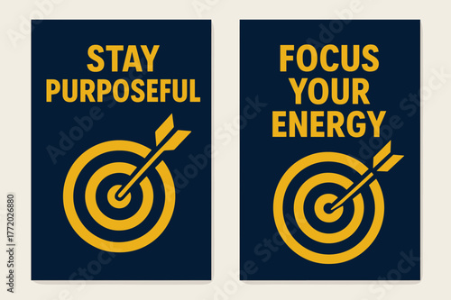 Purposeful Focus Banners. Stay purposeful. Two vertical A6 banners with safe margins, centered composition, no elements touching edges, bold, navy and gold,