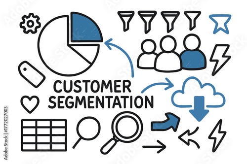 Customer Segmentation Doodle. // Customer segmentation. Hand-drawn doodle illustration Customer segmentation [pie chart (accented), group of users (accented),