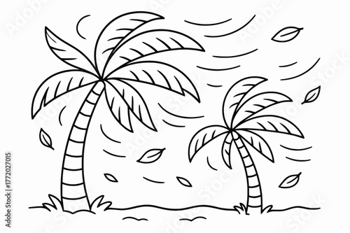Windy Palm Coloring Page. Windy palm day children?s coloring book illustration, outlined drawing, palm trees bending gently in the breeze with curved motion