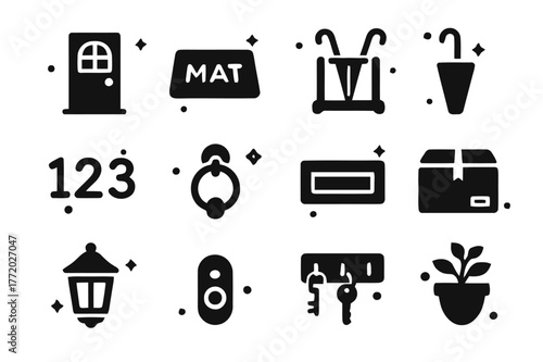 Entryway Porch Icons. Entryway Porch. Solid icons set of Entryway Porch: front door, doormat, boot scraper, umbrella stand, house numbers, door knocker, mail