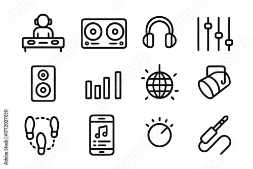 DJ Icon Set. DJ and Dancefloor. Line icon set of DJ and Dancefloor: DJ booth, turntables, headphones, mixer sliders, speaker, equalizer bars, disco ball,