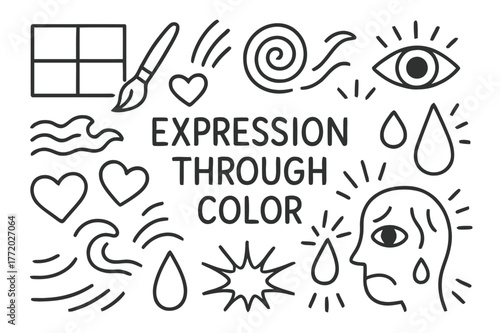 Expressive Black Line Doodles. Expression through color. Hand-drawn doodle illustration expression through color palette, brush, swirl, eye, heart, wave, tear,