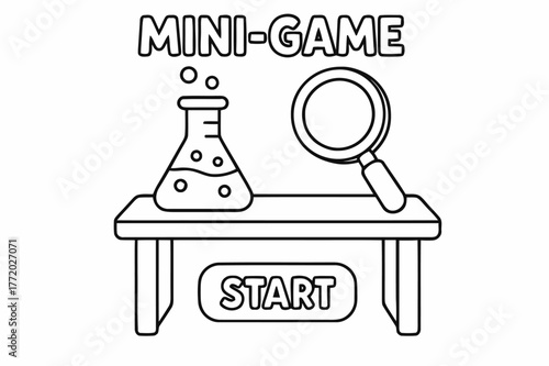 Kids' Science Coloring Fun. Mini-game science module children?s coloring book illustration, outlined drawing, a simple lab table with safe beaker and