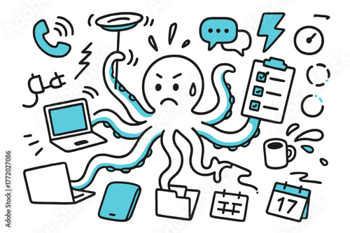 Multitasking Chaos Imagery. // Multitasking chaos. Hand-drawn doodle illustration Multitasking chaos [octopus arms (accented), phone ringing (accented),