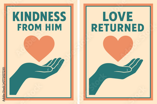 Kindness and Love Banners. Compassion. Two vertical A6 banners with safe margins, centered composition, no elements touching edges, retro, coral and teal, open