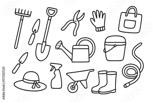 Garden Tools Doodle. Garden tools. Hand-drawn doodle illustration garden tools rake, shovel, trowel, pruning shears, gloves, watering can, bucket, spade, spray