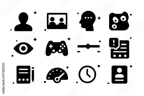 Playtesting UX Icons. Playtesting and UX. Solid icons set of playtesting and UX: playtester silhouette, observation room, think-aloud bubble, heatmap, eye
