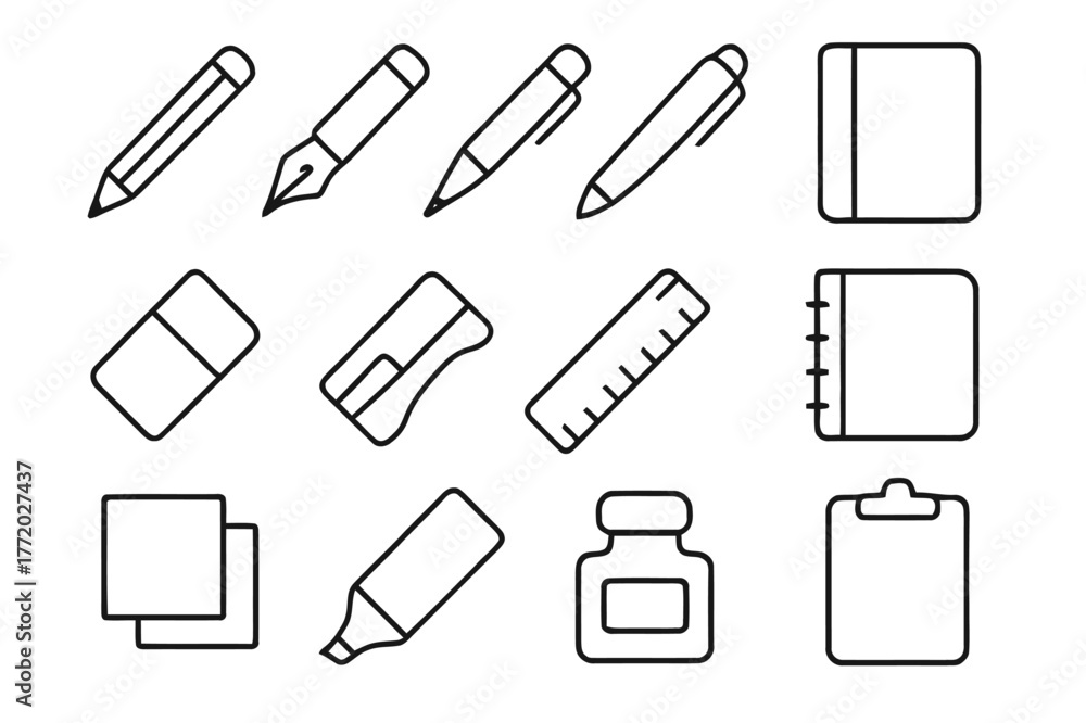 Obraz premium Writing Tools Icons. Writing Tools. Line icon set of Writing Tools: pencil, fountain pen, ballpoint pen, mechanical pencil, eraser, sharpener, ruler, notebook,