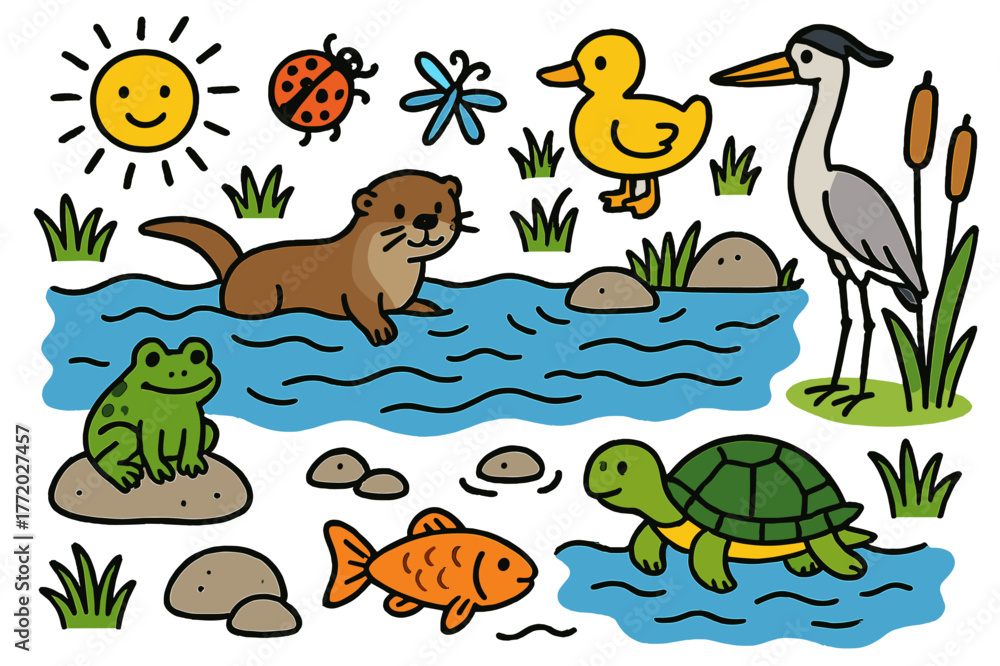 Obraz premium Colorful River Wildlife. River wildlife. Colorful Hand-drawn doodle Children illustration River wildlife otter, duck, frog, turtle, fish, heron, reeds,
