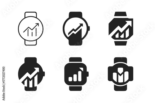 Diverse Logo Designs. Sports performance tracking. Set Logo of Sports performance tracking: smartwatch face with rising chart. harmonious logo variations of