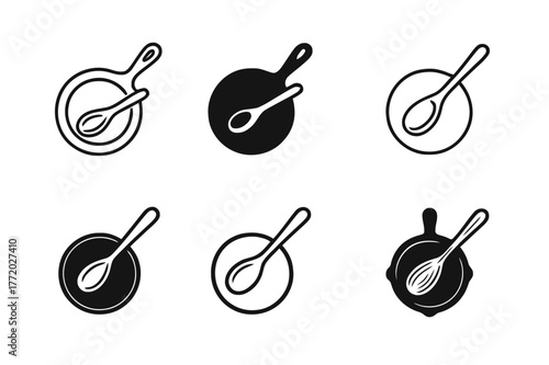 Rustic Kitchen Logos. Rustic kitchen. Set Logo of Rustic kitchen: skillet with wooden spoon. harmonious logo variations of the same emblematic concept, each