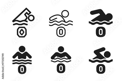 Swim Logo Variations. Swim tracking. Set Logo of Swim tracking: swimmer lane icon with lap counter. harmonious logo variations of the same emblematic concept,