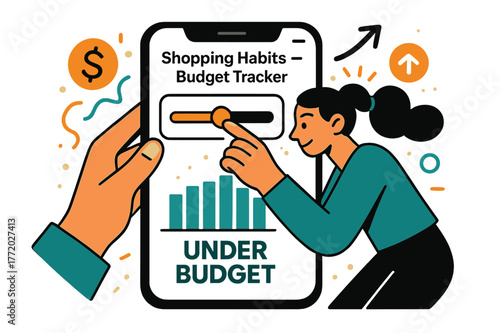 Budget Tracker Vibes. Shopping Habits ? Budget Tracker. Hands adjust a tidy slider on a phone; bars rise and settle with a soft glow. Caption ?under budget?