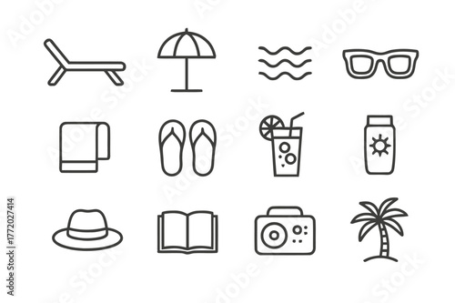 Poolside Relaxation Icons. Relaxing by the Pool. Line icon set of Relaxing by the Pool: sun lounger, umbrella, pool water ripples, sunglasses, towel, flip