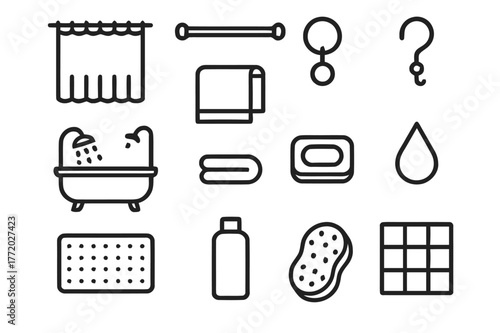 Shower Icon Set. Shower setup. Line icon set of shower setup: shower curtain, curtain rod, ring, hook, bathtub, towel, soap, water droplet, bath mat, shampoo